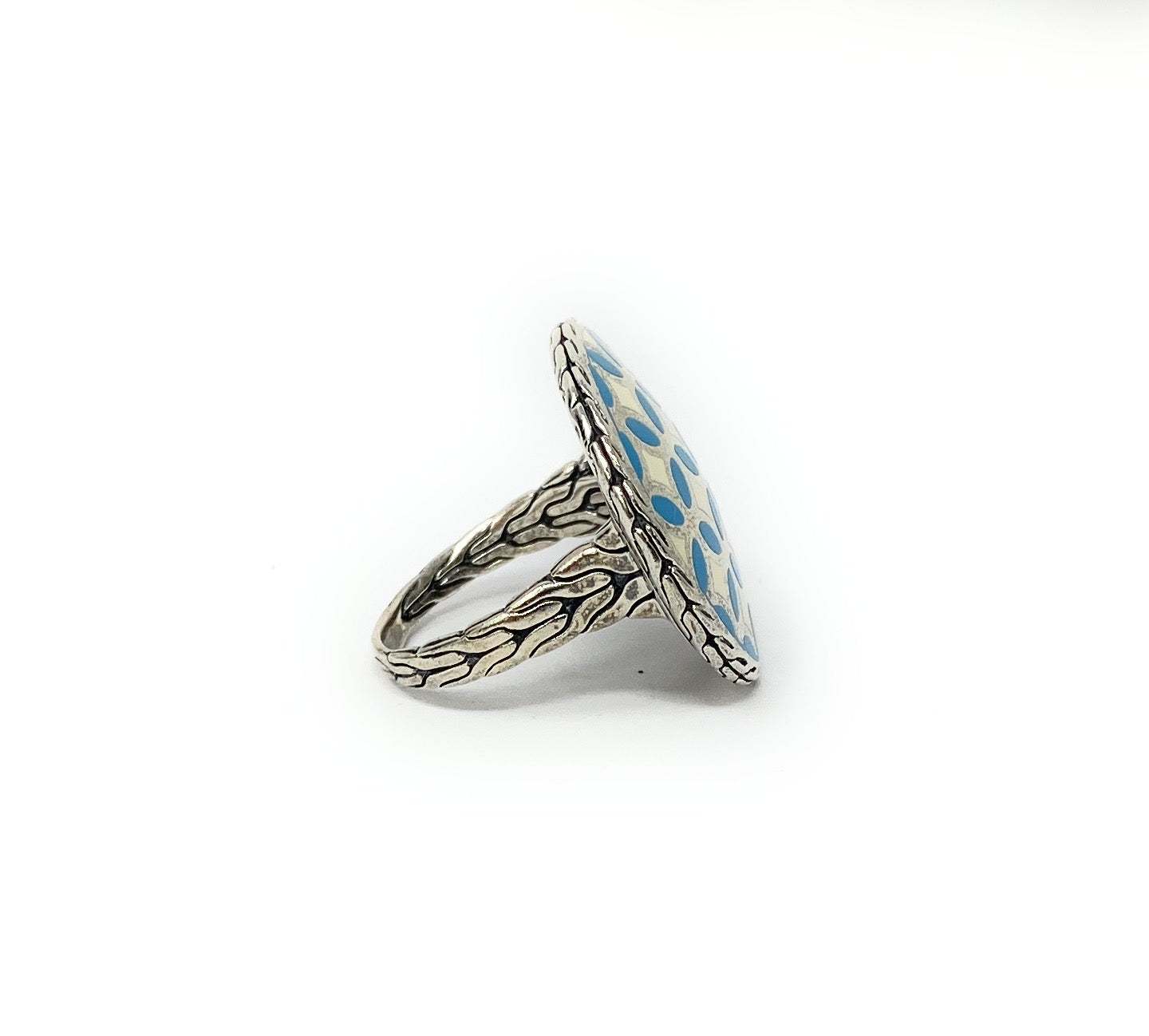 John Hardy Ring Sterling silver Blue White Enamel Kawung Pattern size 7