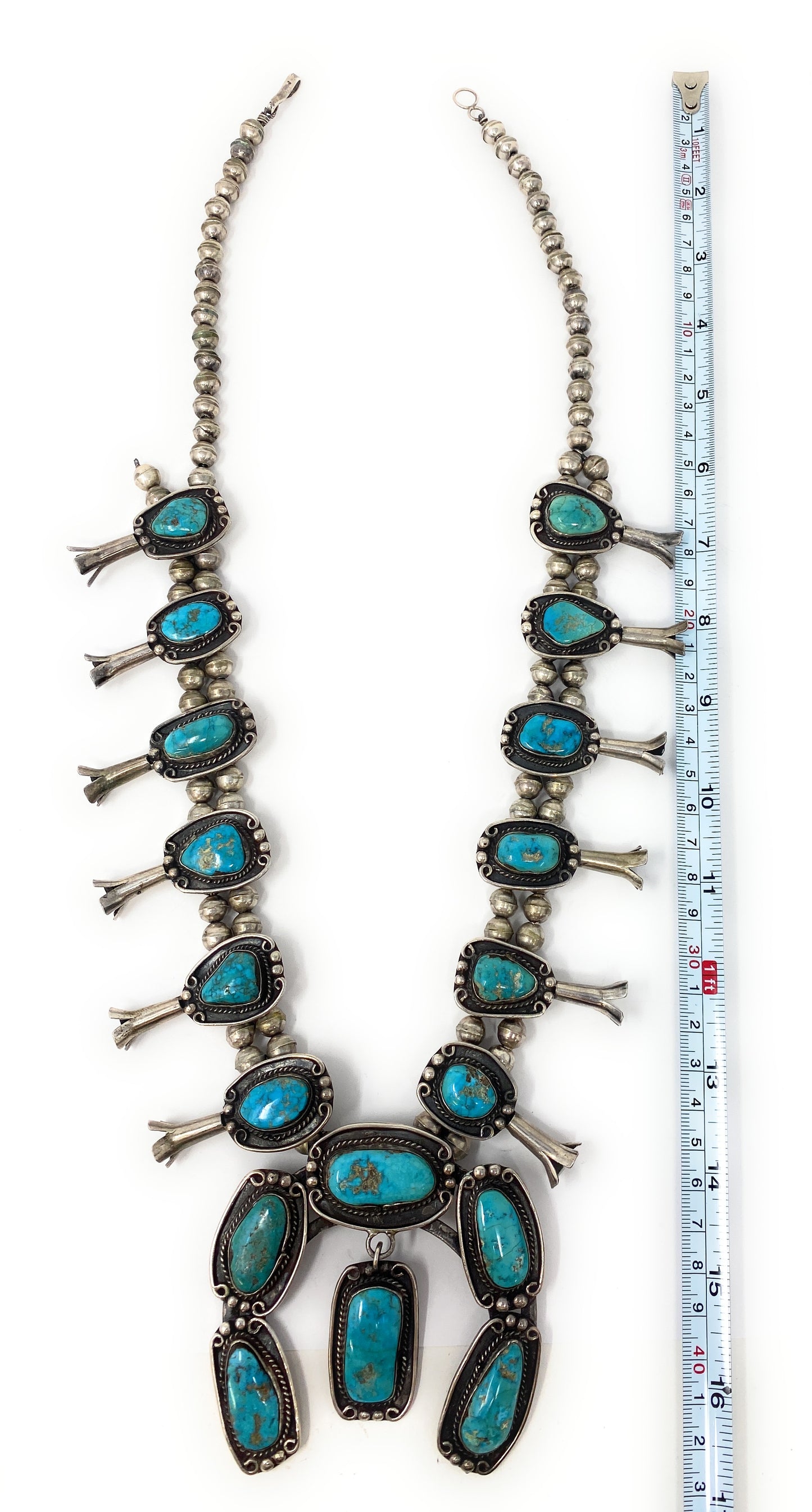 Native American Turquoise Squash Blossom Sterling Silver Necklace 284.4g