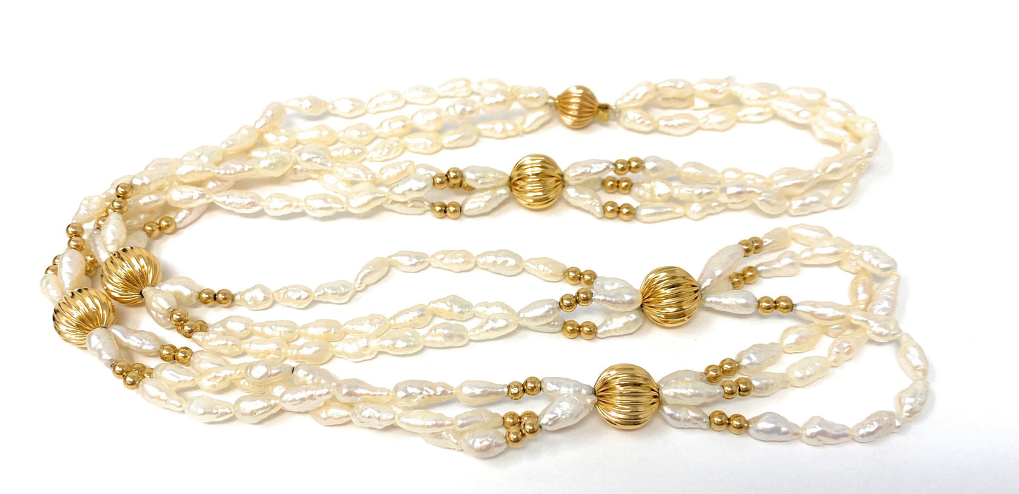 Rice Pearl Necklace with 14k Beads Multi-Strand 24"