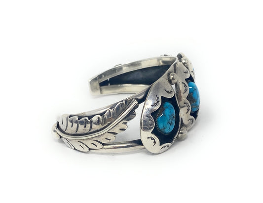 Native American Sterling Silver Three Stone Blue Turquoise Cuff Bracelet Signed