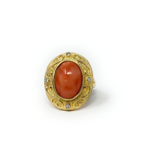 14k Coral & Diamond Ring  Size 7
