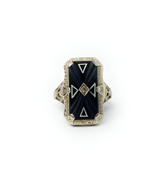 14k White Gold Black Stone Ring