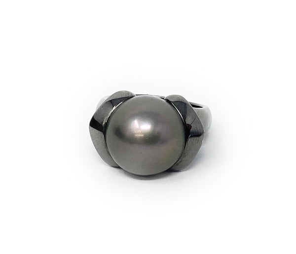 18k Cocktail Ring Tahitian Black Pearl Size 11