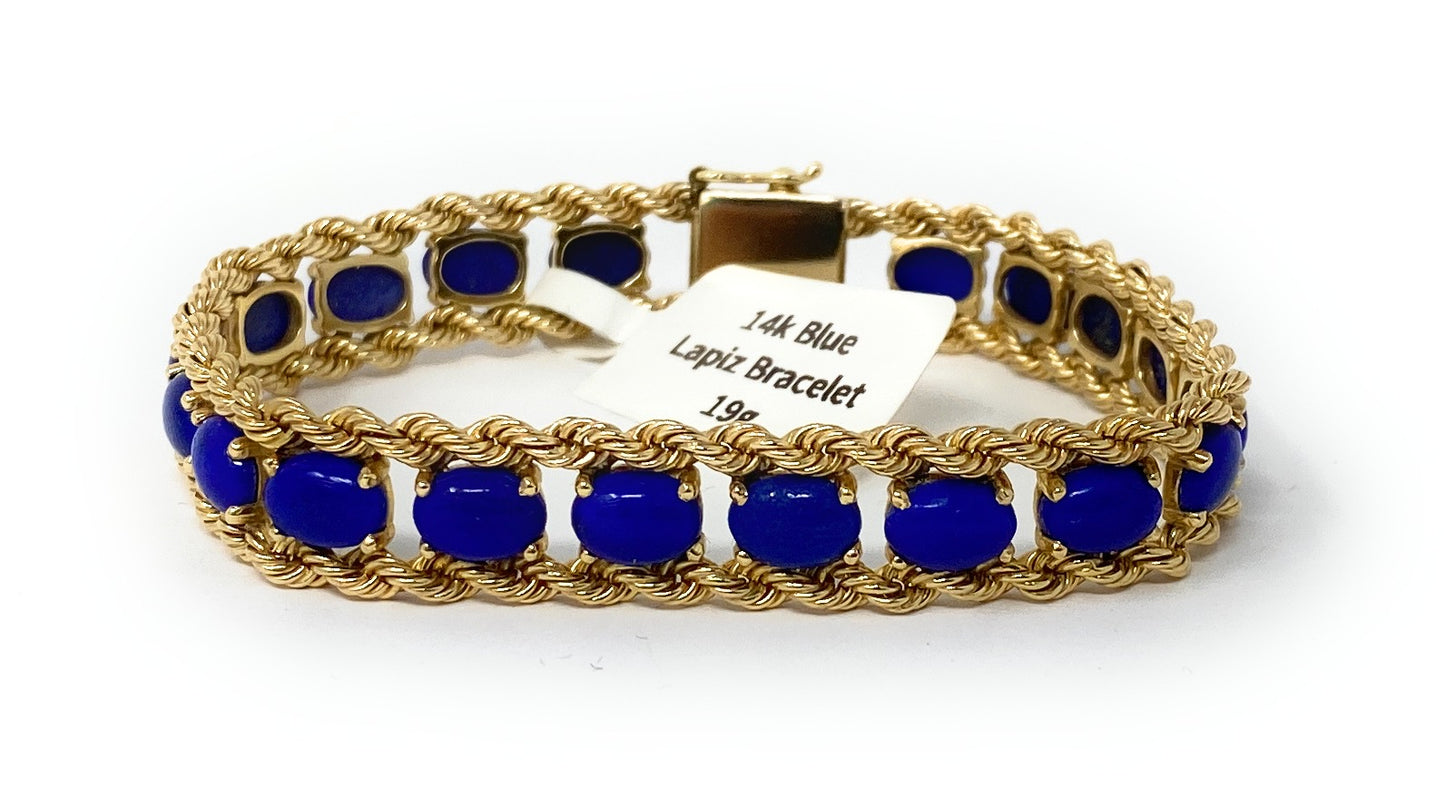 14k Rope Bracelet w/19 Blue Lapiz Stones 19g