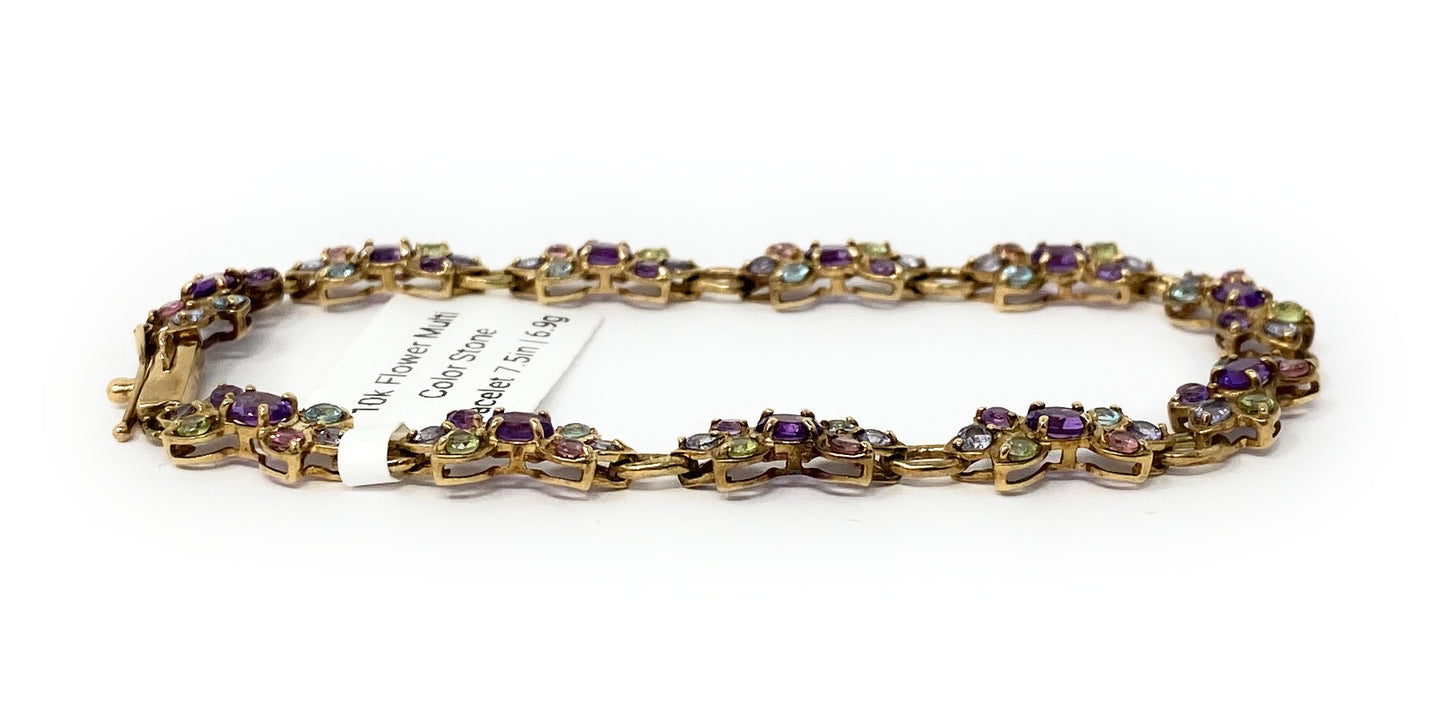10k Flower Multi Color Stone Bracelet 7.5in 6.9g