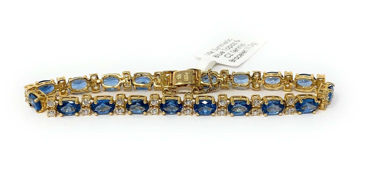 14k Synthetic Blue Topaz & CZ Tennis Bracelet 11.3g
