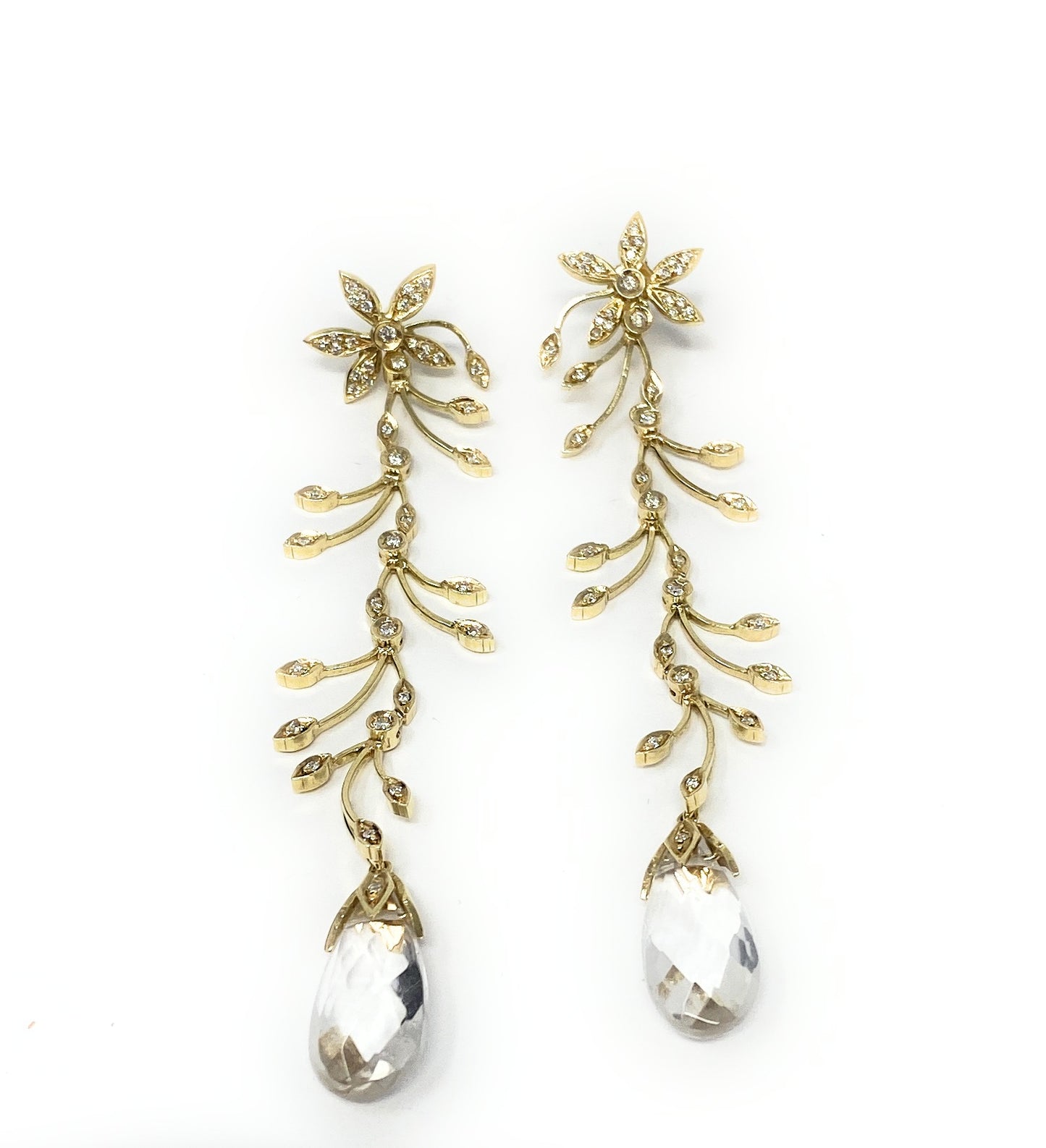18k Flower Dangle Drop Earrings w/Diamond Chip .50ctw | 14.9g
