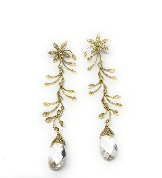 18k Flower Dangle Drop Earrings w/Diamond Chip .50ctw | 14.9g