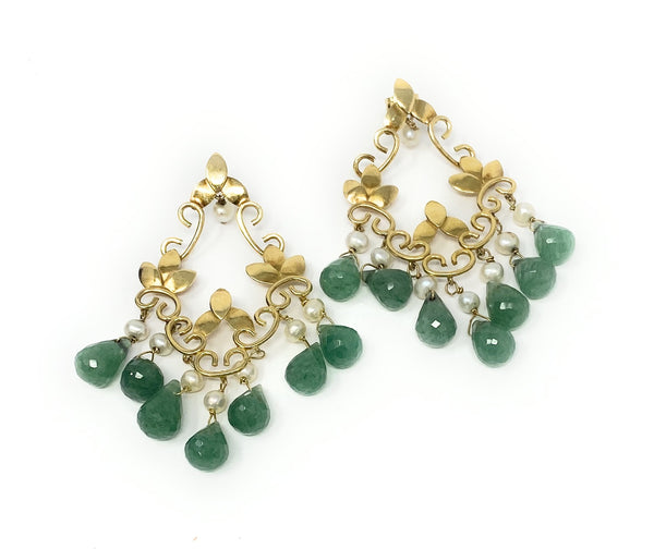 14k Chandelier Emerald & Pearl Earrings 13.5g