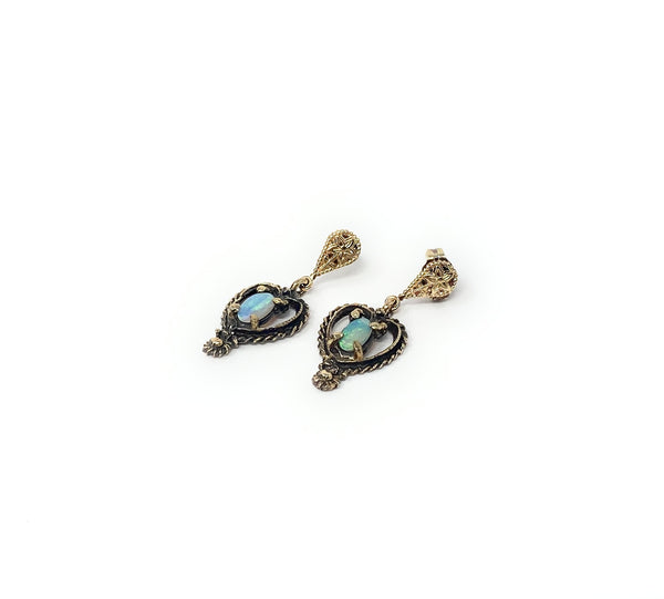 14k Heart Shaped Dangle Opal Earrings
