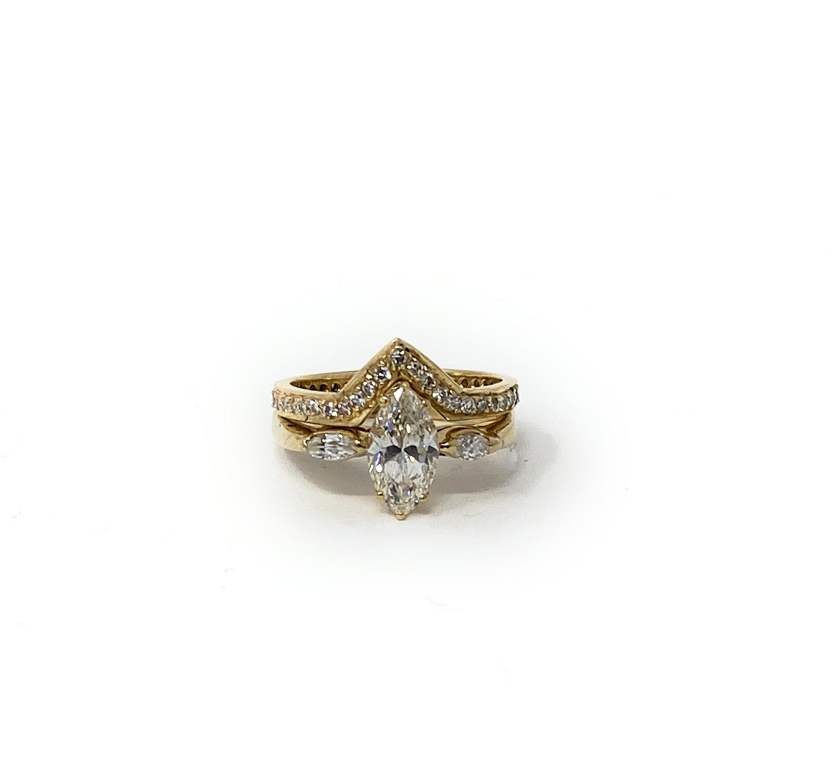 14k Gold Marquee Solitaire Diamond  Ring Set