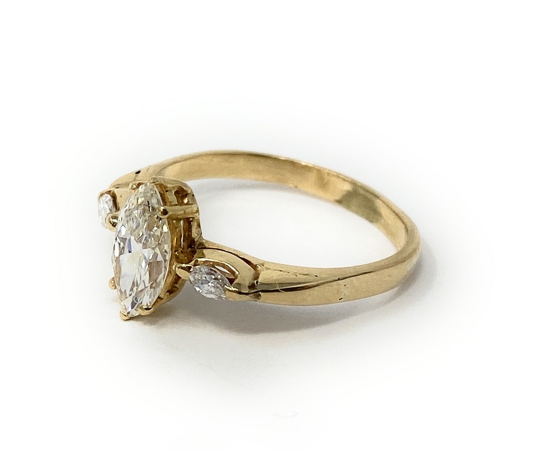 14k Gold Marquee Solitaire Diamond  Ring Set