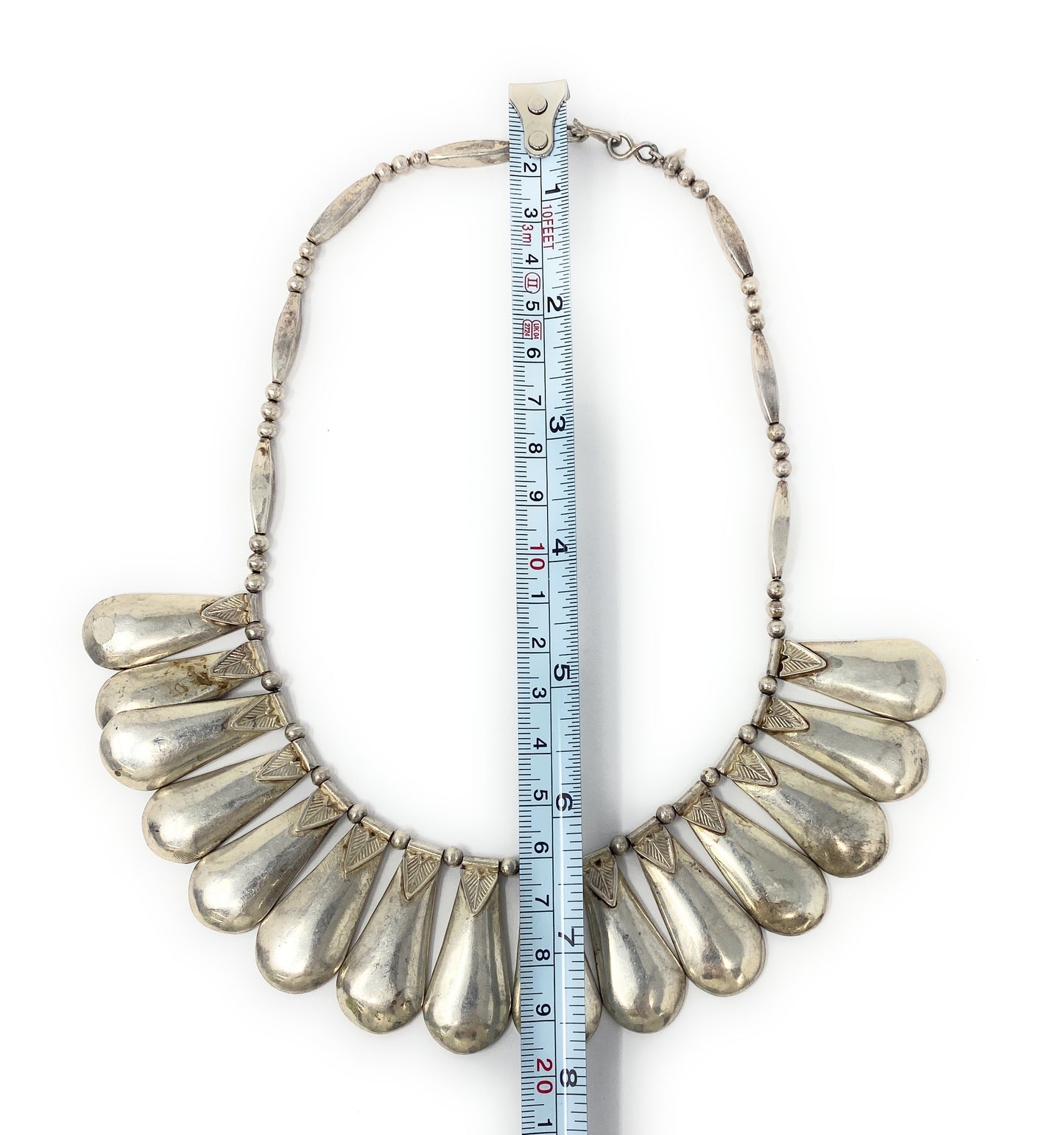 Native American Inspired Sterling Silver 15 Tear Drops Collar Hook Necklace 118g