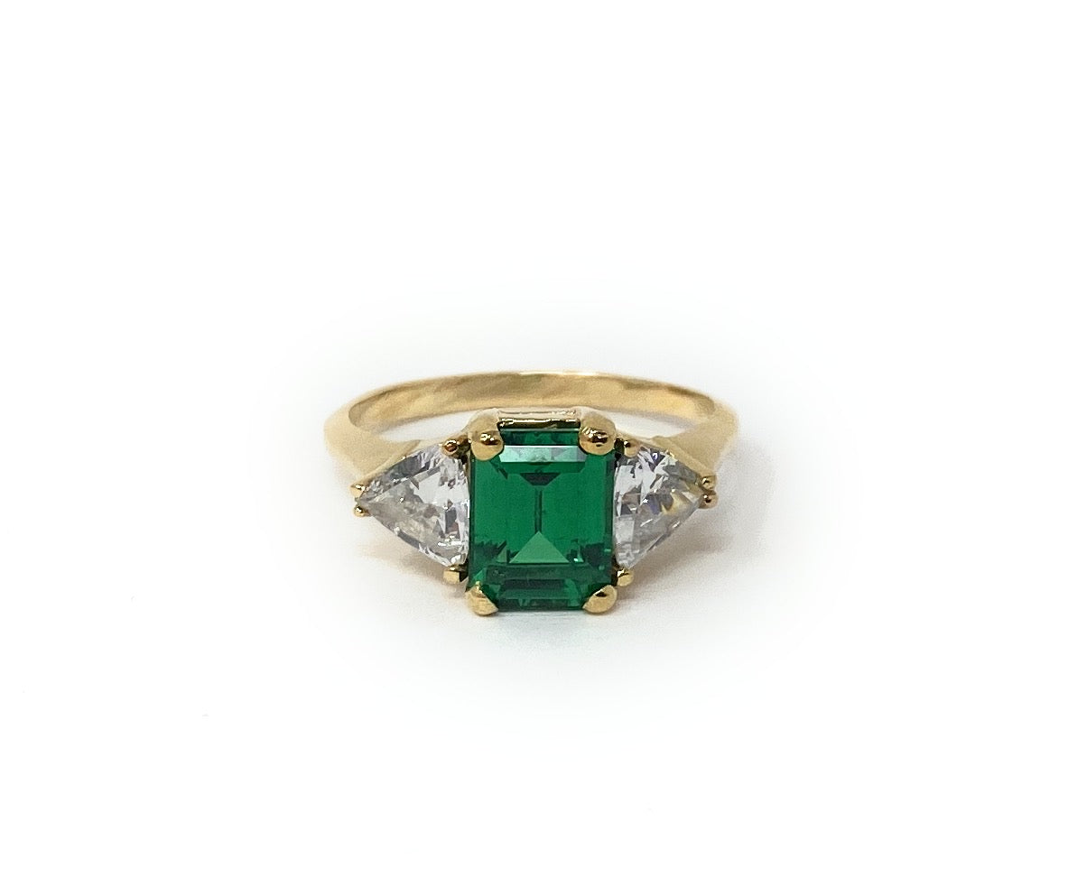 14k Yellow Gold Synth Emerald w/CZ Ring Size 10.5
