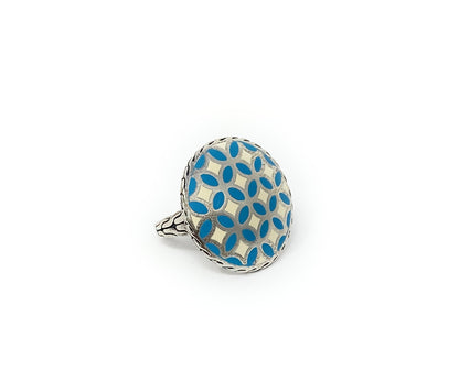 John Hardy Ring Sterling silver Blue White Enamel Kawung Pattern size 7