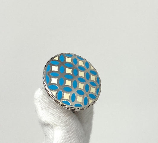 John Hardy Ring Sterling silver Blue White Enamel Kawung Pattern size 7