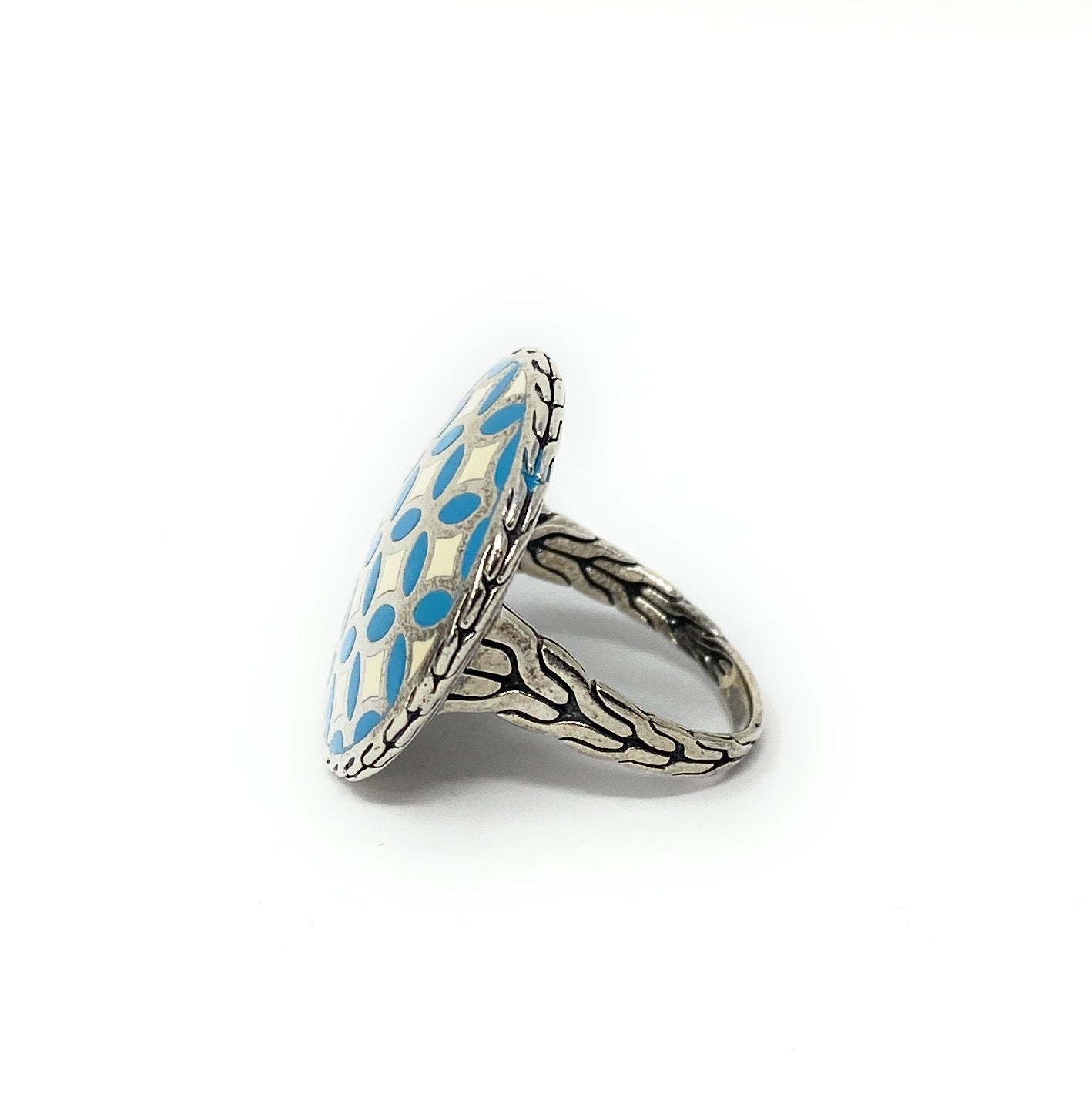 John Hardy Ring Sterling silver Blue White Enamel Kawung Pattern size 7