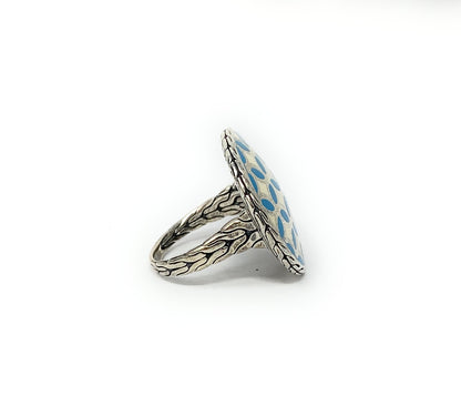 John Hardy Ring Sterling silver Blue White Enamel Kawung Pattern size 7
