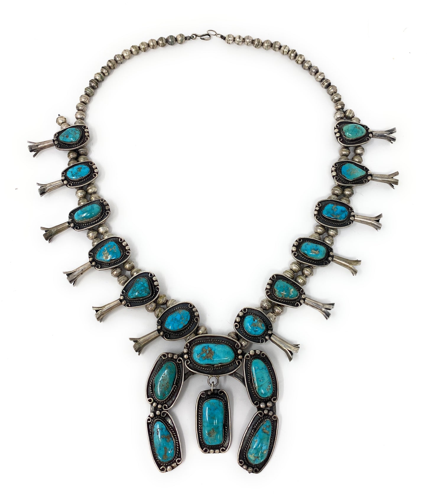 Native American Turquoise Squash Blossom Sterling Silver Necklace 284.4g