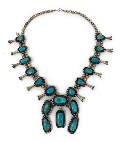 Native American Turquoise Squash Blossom Sterling Silver Necklace 284.4g