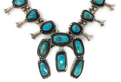 Native American Turquoise Squash Blossom Sterling Silver Necklace 284.4g