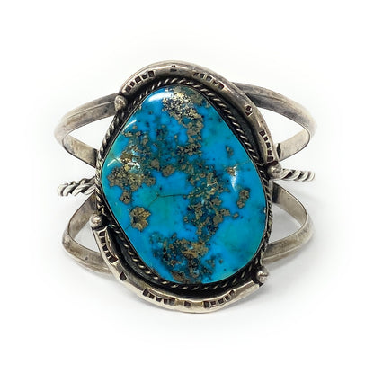 Native American Big Turquoise & Sterling Silver Bracelet 67.6g Wrist 7-8in