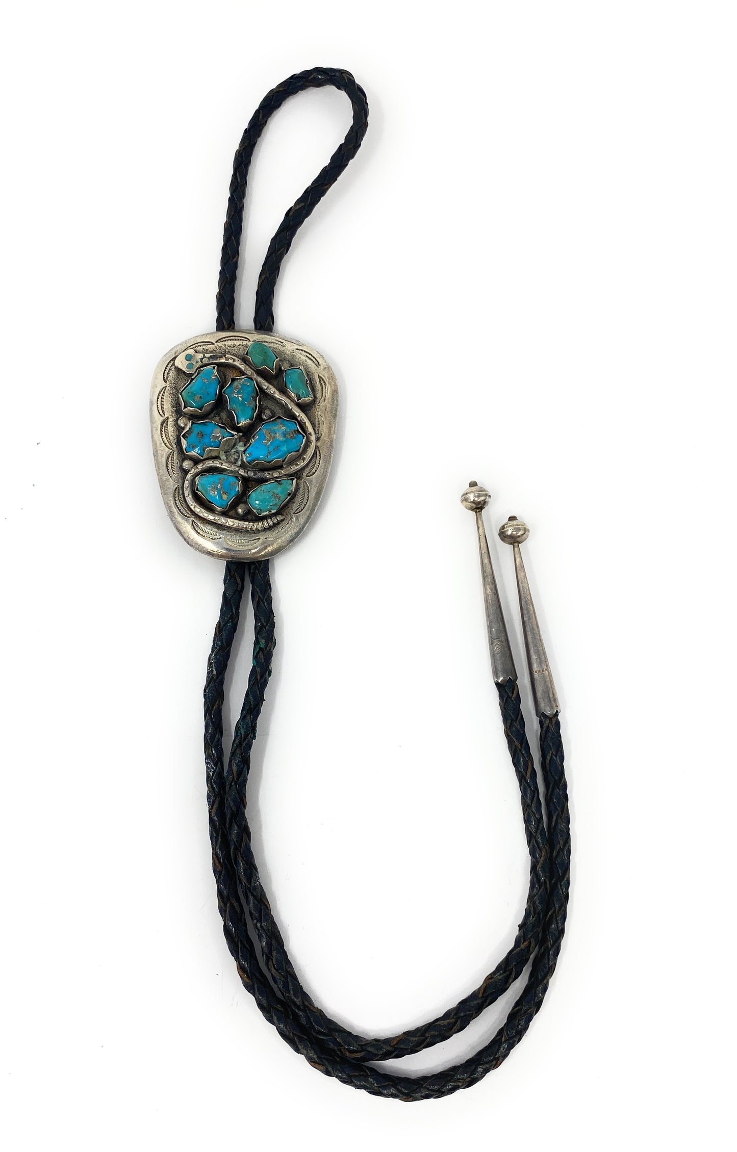Native American Sterling SIlver Turquoise Snake Bolo Tie Signed Bennet - 82.7g