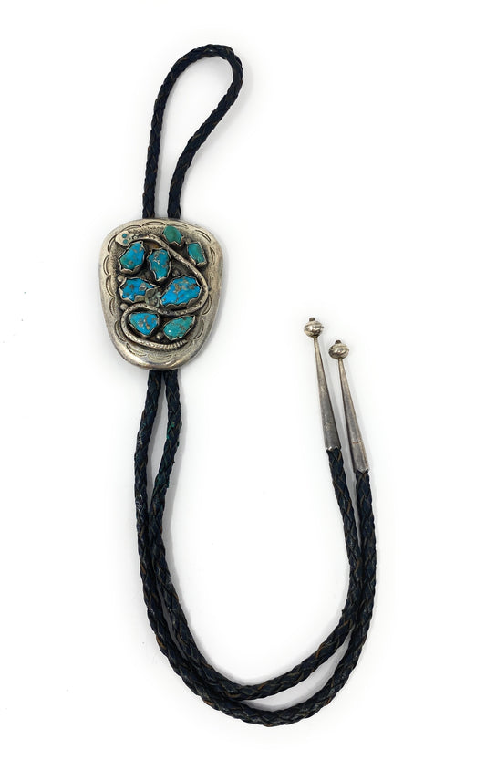 Native American Sterling SIlver Turquoise Snake Bolo Tie Signed Bennet - 82.7g