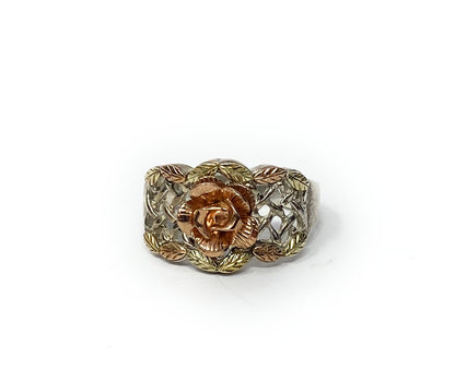 Lot of 2 Black Hills Gold 12k & 925 Wide Carved Rose Ring and Coral Size 8  & 9