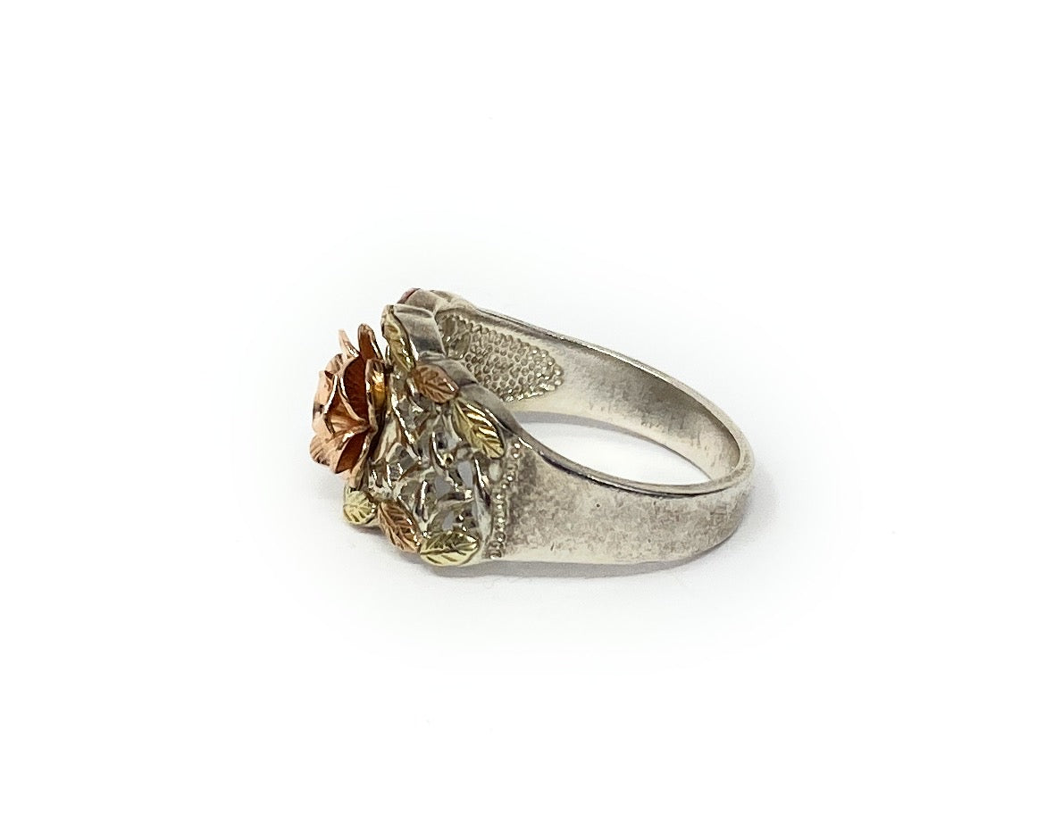 Lot of 2 Black Hills Gold 12k & 925 Wide Carved Rose Ring and Coral Size 8  & 9