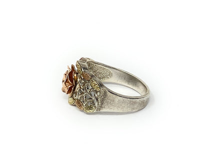 Lot of 2 Black Hills Gold 12k & 925 Wide Carved Rose Ring and Coral Size 8  & 9
