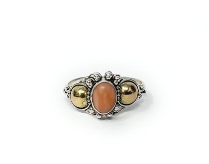 Lot of 2 Black Hills Gold 12k & 925 Wide Carved Rose Ring and Coral Size 8  & 9