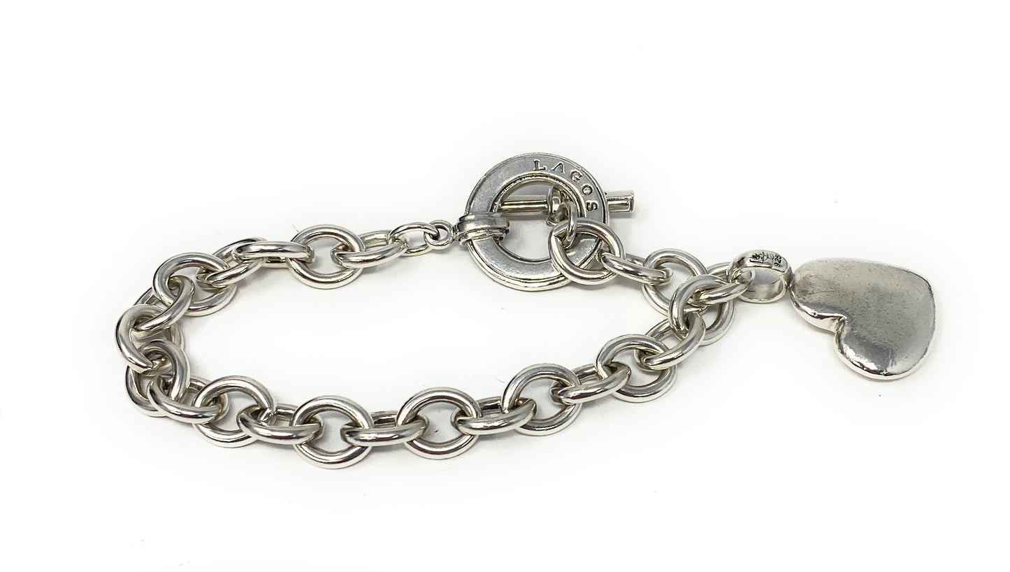 Lagos Sterling Silver Toggle Clasp Chain Link Bracelet With Heart Charm 6.75-7"