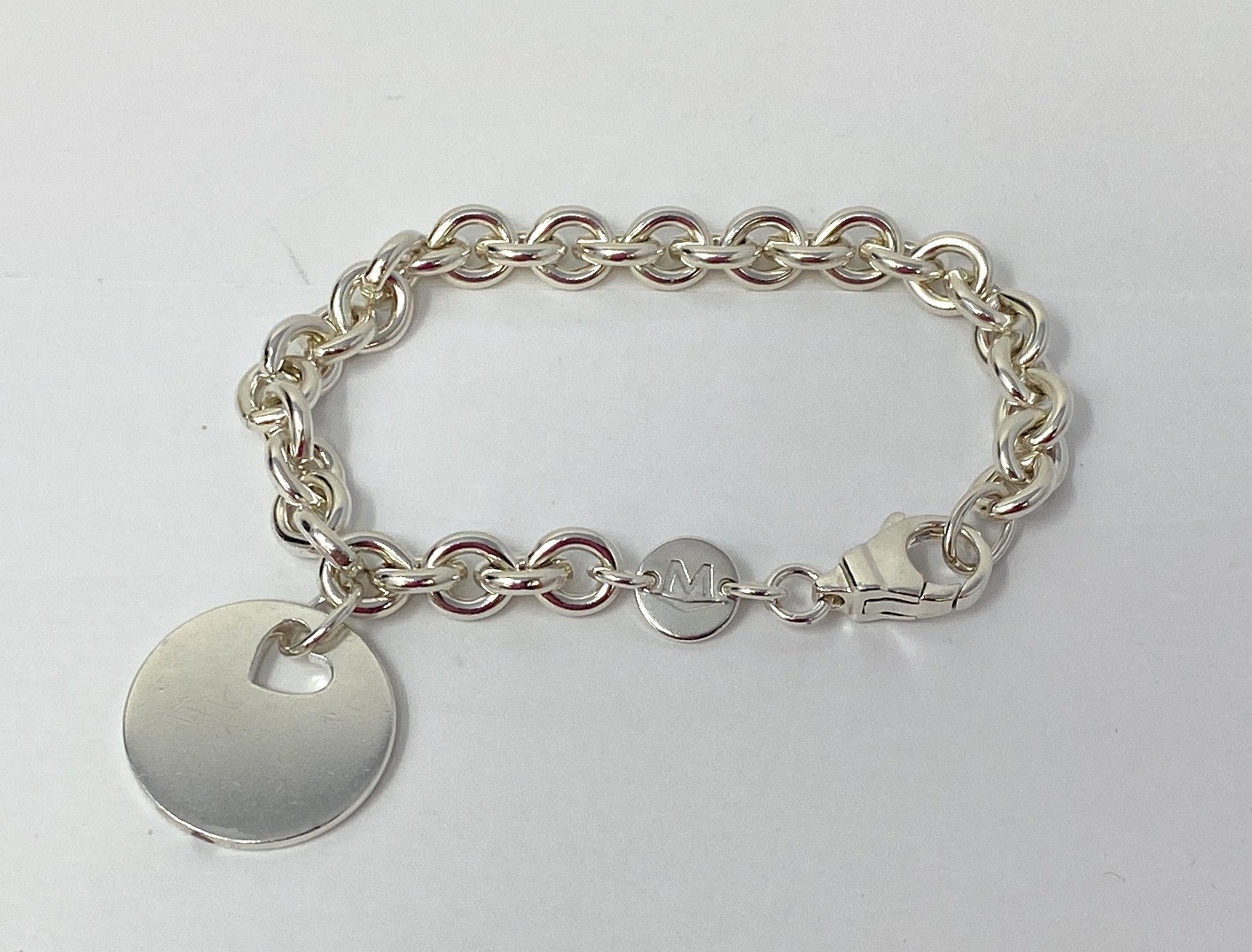 Movado Sterling Silver Rolo Link Bracelet with Round Charm 31.7g Size 6.5-7"