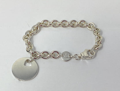 Movado Sterling Silver Rolo Link Bracelet with Round Charm 31.7g Size 6.5-7"