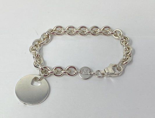 Movado Sterling Silver Rolo Link Bracelet with Round Charm 31.7g Size 6.5-7"