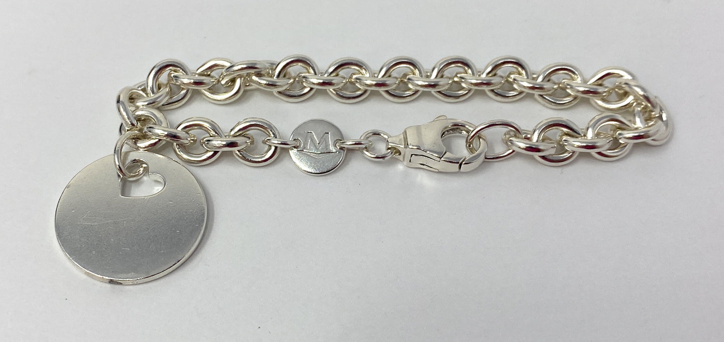 Movado Sterling Silver Rolo Link Bracelet with Round Charm 31.7g Size 6.5-7"