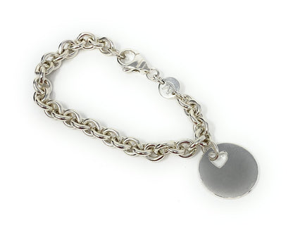 Movado Sterling Silver Rolo Link Bracelet with Round Charm 31.7g Size 6.5-7"