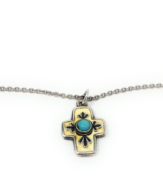 James Avery Retired Enamel Floral Mission Cross w/ Turquoise Pendant & 18' Nckl