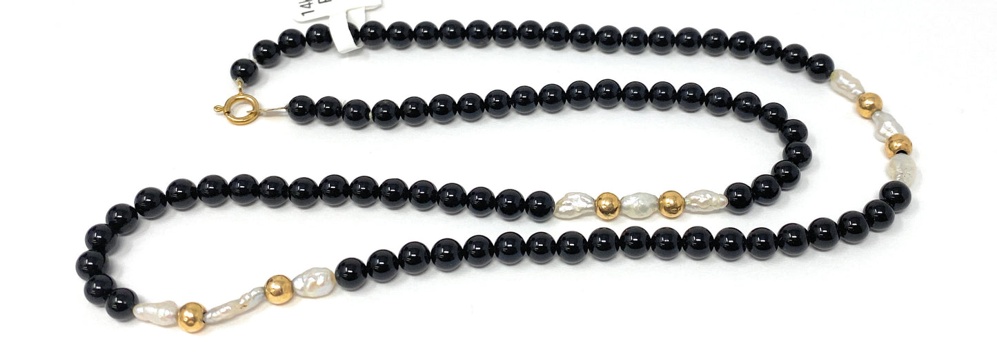 14k Yellow Gold Pearl & Onyx Beaded Necklace 16"