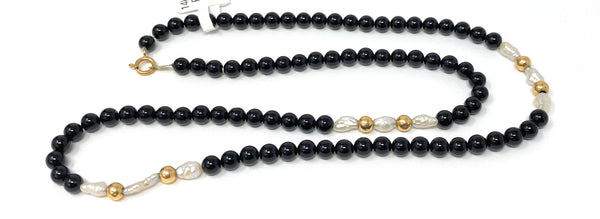 14k Yellow Gold Pearl & Onyx Beaded Necklace 16"