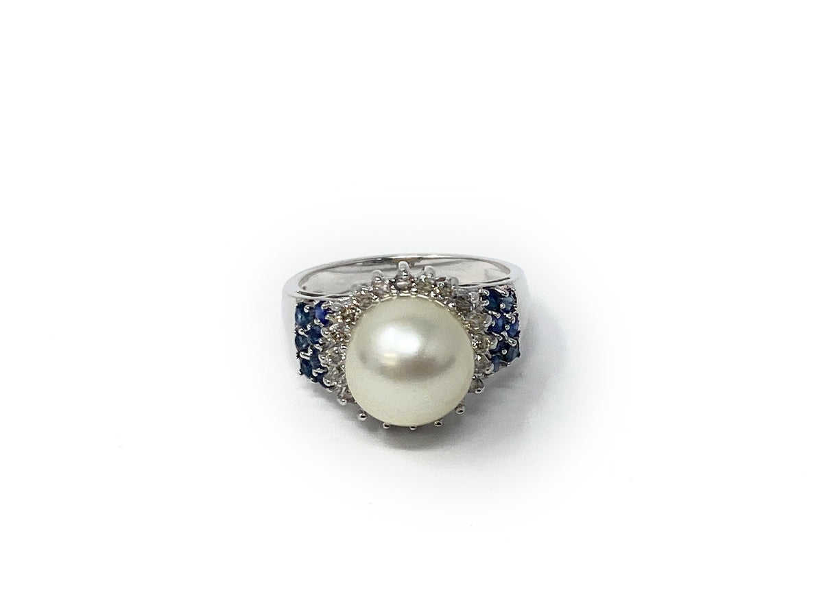 14k White Gold Pearl & Blue Sapphire Cluster Ring 5.4g