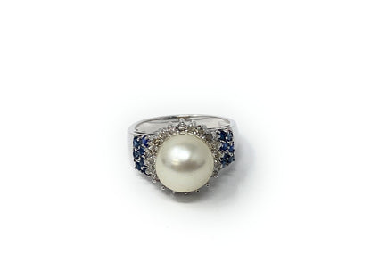 14k White Gold Pearl & Blue Sapphire Cluster Ring 5.4g
