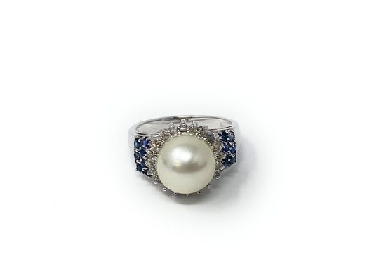 14k White Gold Pearl & Blue Sapphire Cluster Ring 5.4g