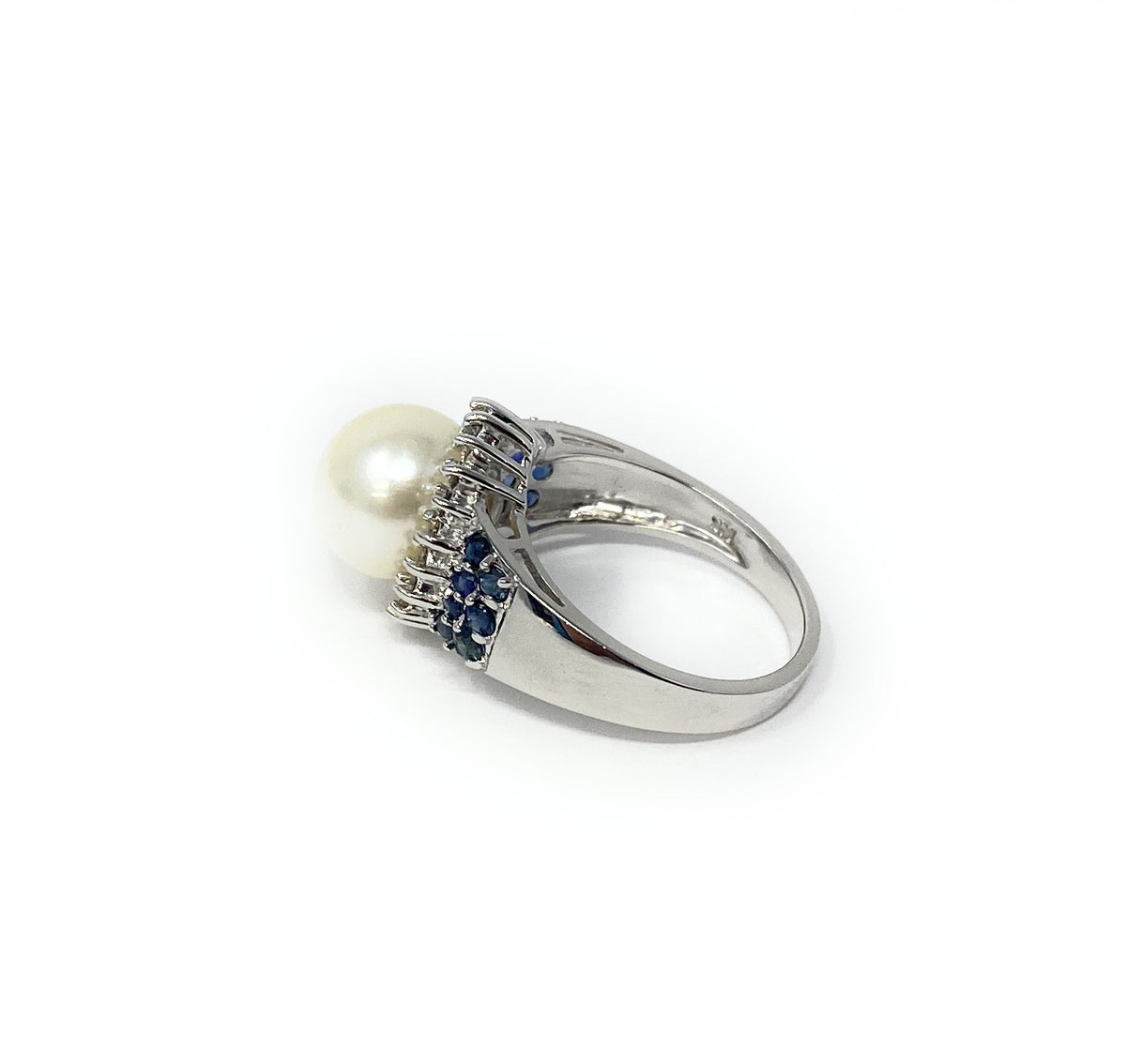 14k White Gold Pearl & Blue Sapphire Cluster Ring 5.4g