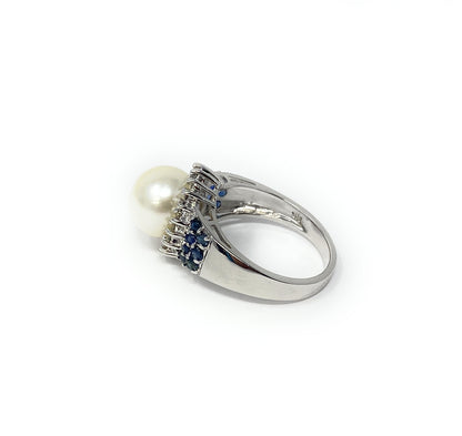 14k White Gold Pearl & Blue Sapphire Cluster Ring 5.4g