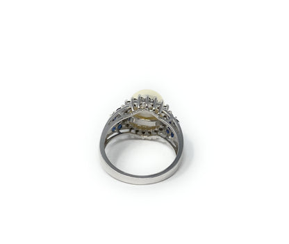 14k White Gold Pearl & Blue Sapphire Cluster Ring 5.4g