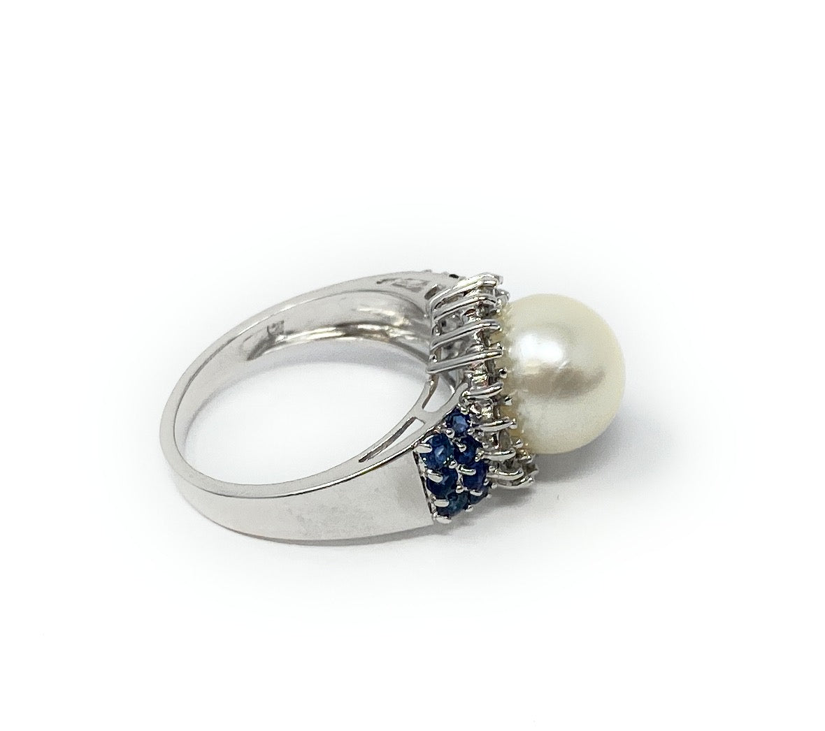 14k White Gold Pearl & Blue Sapphire Cluster Ring 5.4g