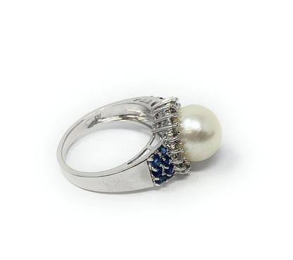 14k White Gold Pearl & Blue Sapphire Cluster Ring 5.4g