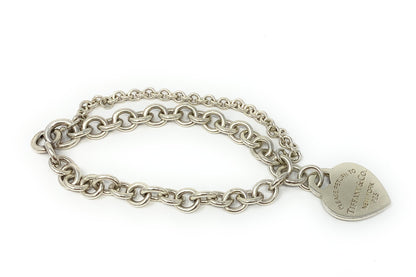 Tiffany Co Silver Heart Tag Charm Double Chain Bracelet Wrist Size 6/4in